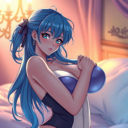 An anime woman with vibrant blue hair, large voluptuous breasts, engaged in a passionate, romantic pose