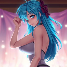 An anime woman with vibrant blue hair, large voluptuous breasts, engaged in a passionate, romantic pose