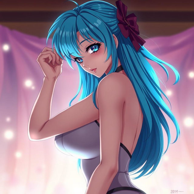 An anime woman with vibrant blue hair, large voluptuous breasts, engaged in a passionate, romantic pose