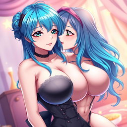 An anime woman with vibrant blue hair, large voluptuous breasts, engaged in a passionate, romantic pose
