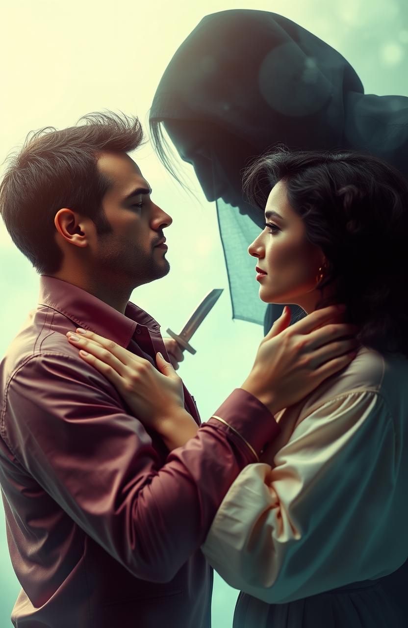 A dramatic scene featuring a man and a woman crossing each other with intense expressions, depicted in soft pastel colors