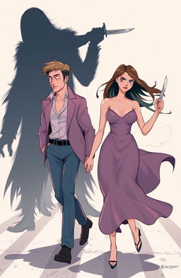 A scene featuring a man and woman dramatically crossing each other's paths, depicted in soft pastel colors