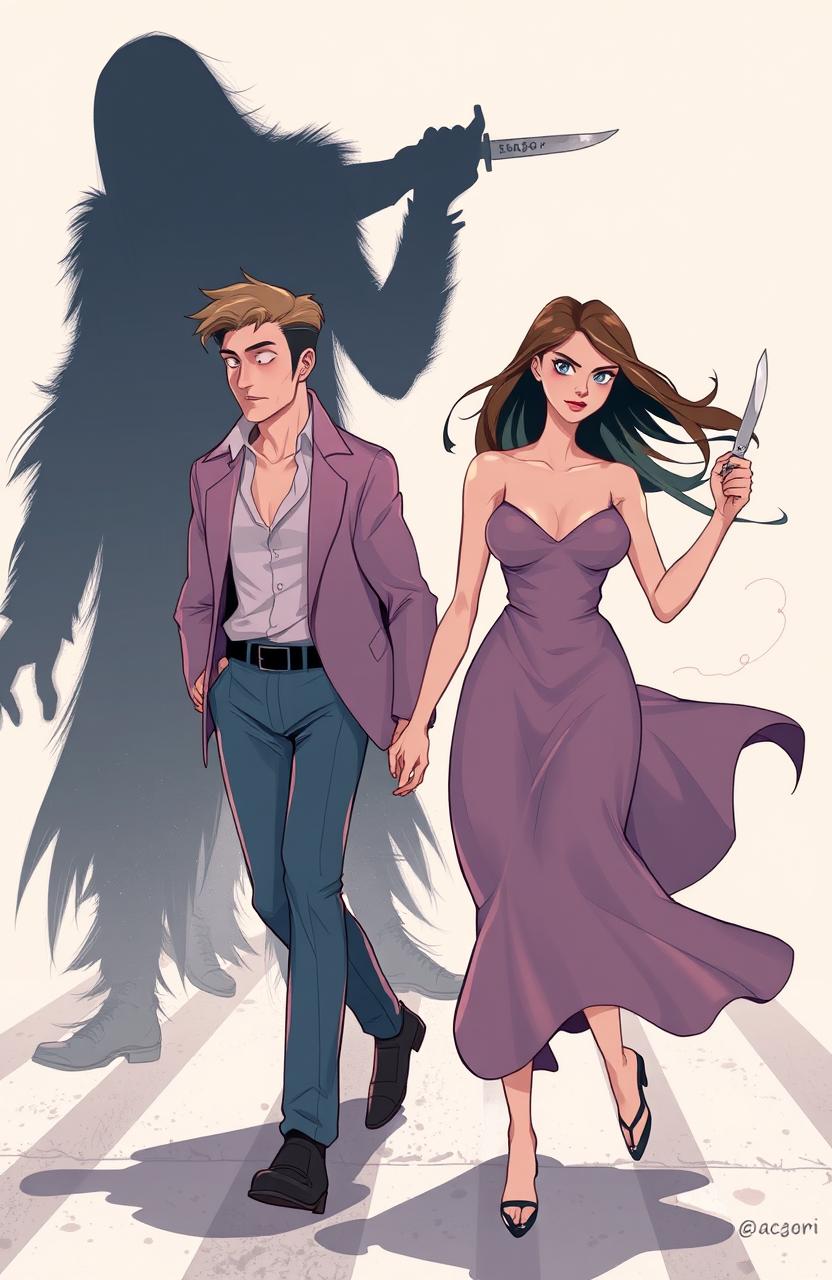 A scene featuring a man and woman dramatically crossing each other's paths, depicted in soft pastel colors