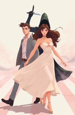 A scene featuring a man and woman dramatically crossing each other's paths, depicted in soft pastel colors