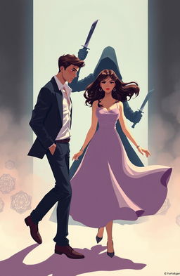 A scene featuring a man and woman dramatically crossing each other's paths, depicted in soft pastel colors