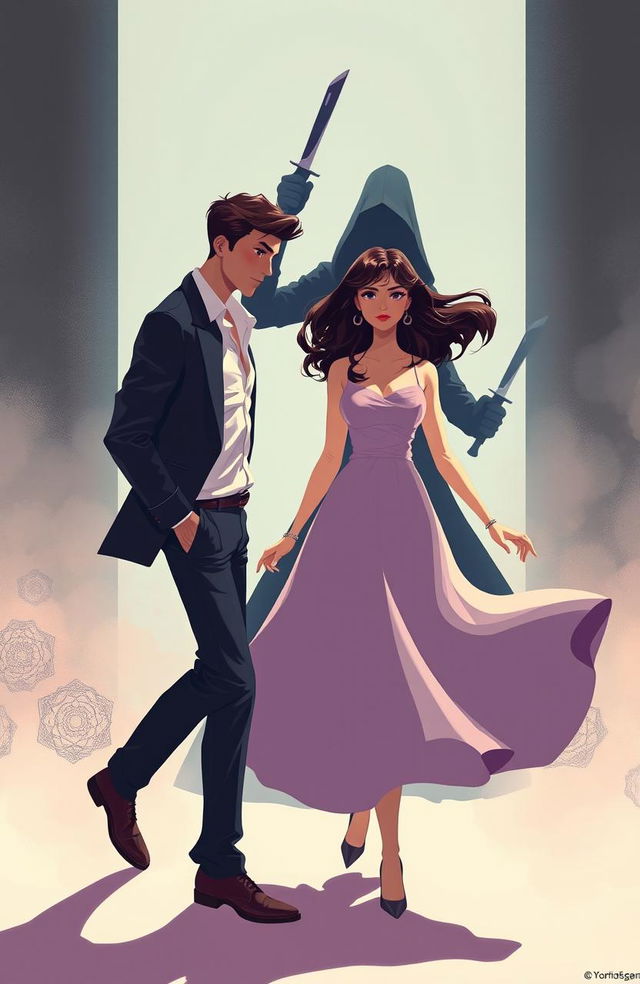 A scene featuring a man and woman dramatically crossing each other's paths, depicted in soft pastel colors