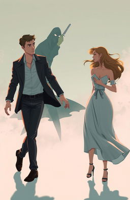 A scene featuring a man and woman dramatically crossing each other's paths, depicted in soft pastel colors