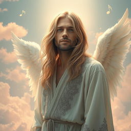 A surreal and thought-provoking depiction of Kurt Cobain as a middle-aged angel, featuring long flowing hair, a serene expression, and wearing an ethereal, diaphanous robe with an intricate design