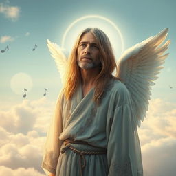 A surreal and thought-provoking depiction of Kurt Cobain as a middle-aged angel, featuring long flowing hair, a serene expression, and wearing an ethereal, diaphanous robe with an intricate design