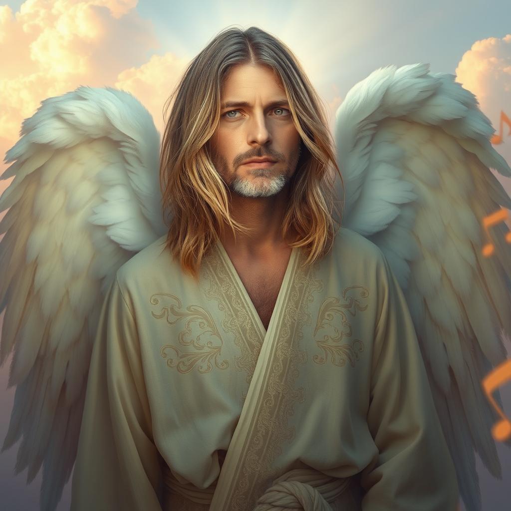 A surreal and thought-provoking depiction of Kurt Cobain as a middle-aged angel, featuring long flowing hair, a serene expression, and wearing an ethereal, diaphanous robe with an intricate design