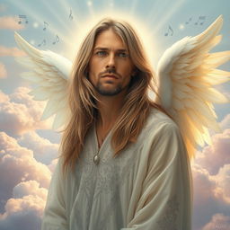 A surreal and thought-provoking depiction of Kurt Cobain as a middle-aged angel, featuring long flowing hair, a serene expression, and wearing an ethereal, diaphanous robe with an intricate design