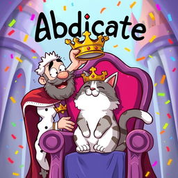 A cartoon-style image depicting a comical scene where a king is humorously handing over his crown to a cat sitting on a throne, with exaggerated facial expressions of surprise and laughter from both the king and the cat