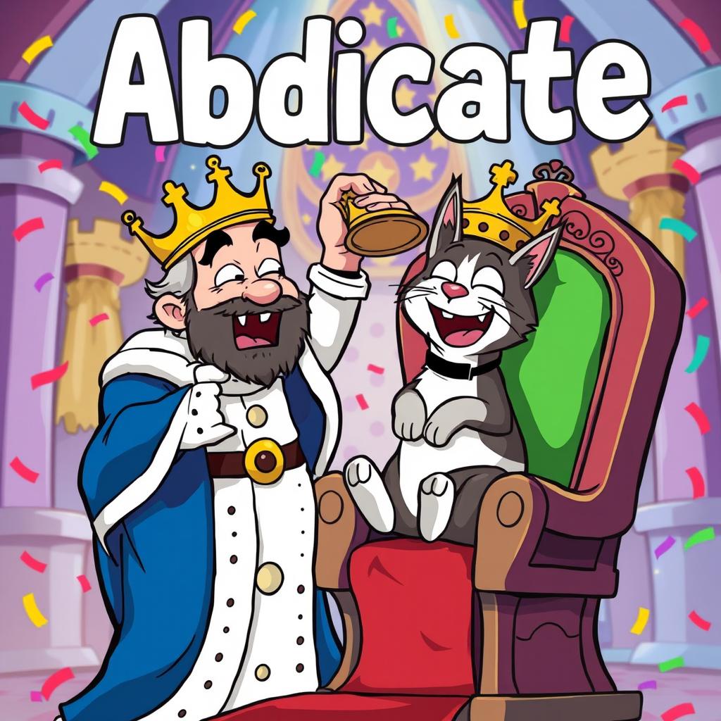 A cartoon-style image depicting a comical scene where a king is humorously handing over his crown to a cat sitting on a throne, with exaggerated facial expressions of surprise and laughter from both the king and the cat