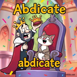 A cartoon-style image depicting a comical scene where a king is humorously handing over his crown to a cat sitting on a throne, with exaggerated facial expressions of surprise and laughter from both the king and the cat