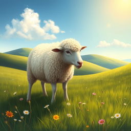 A realistic portrayal of a sheep grazing peacefully in a lush green meadow