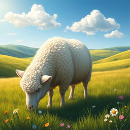 A realistic portrayal of a sheep grazing peacefully in a lush green meadow