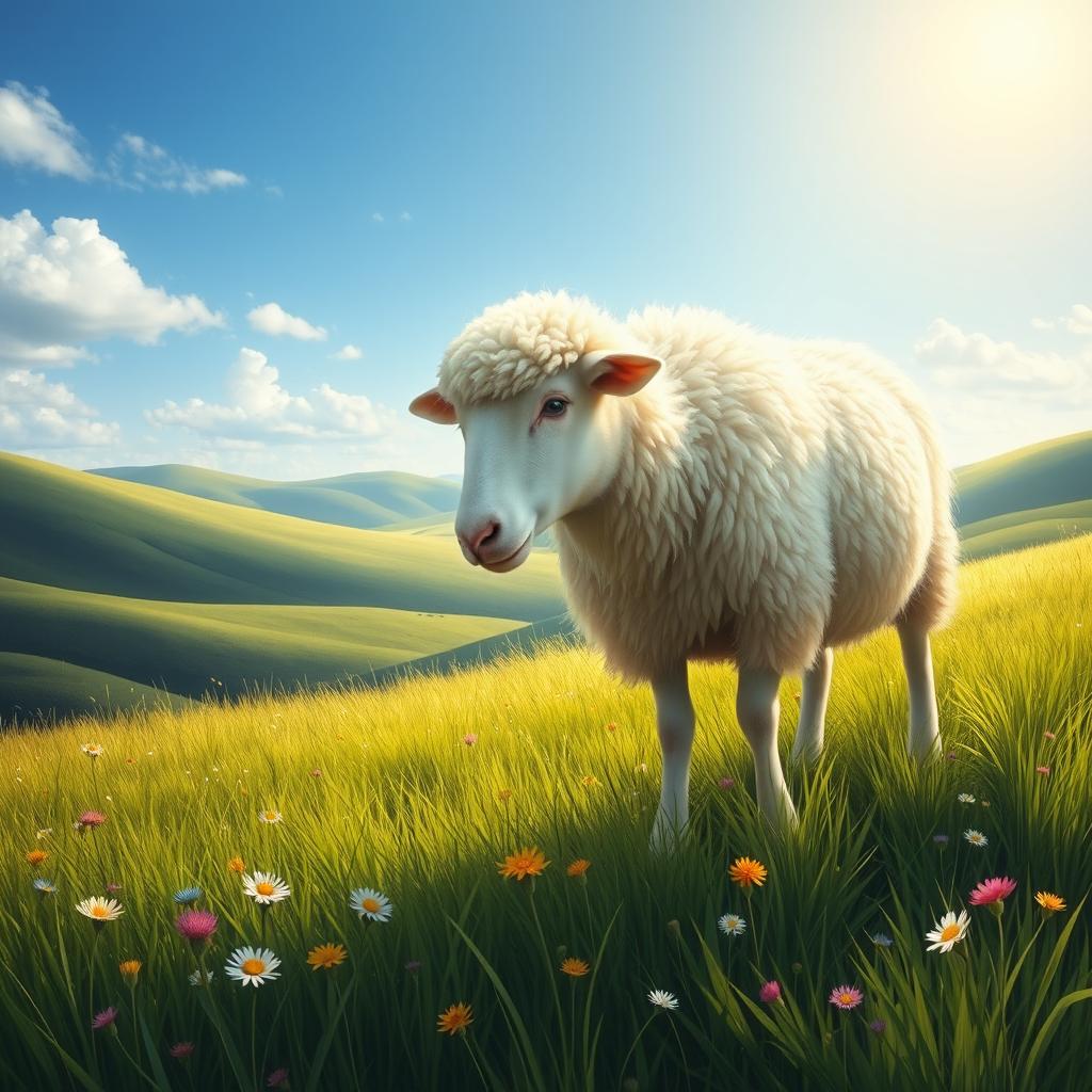 A realistic portrayal of a sheep grazing peacefully in a lush green meadow