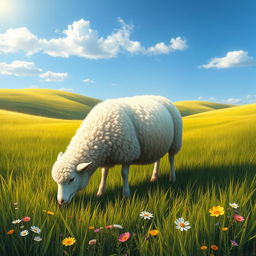 A realistic portrayal of a sheep grazing peacefully in a lush green meadow