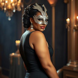 A captivating tall and curvy woman of mixed descent at a masquerade ball, radiating grace and sophistication