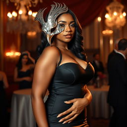 A captivating tall and curvy woman of mixed descent at a masquerade ball, radiating grace and sophistication