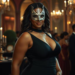 A captivating tall and curvy woman of mixed descent at a masquerade ball, radiating grace and sophistication