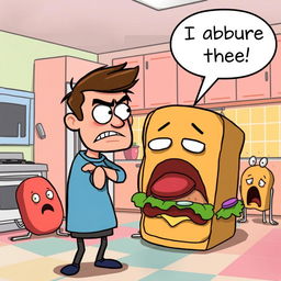 A funny cartoon scene depicting a character dramatically turning away from a giant sandwich, with a speech bubble saying 'I abjure thee!' The character looks overly serious while the sandwich is styled with exaggerated features, like googly eyes and a frown, as if it's pleading to be eaten