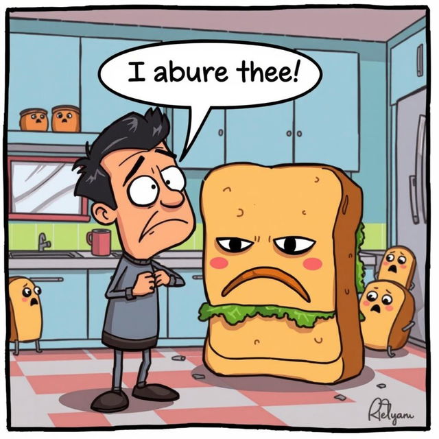 A funny cartoon scene depicting a character dramatically turning away from a giant sandwich, with a speech bubble saying 'I abjure thee!' The character looks overly serious while the sandwich is styled with exaggerated features, like googly eyes and a frown, as if it's pleading to be eaten
