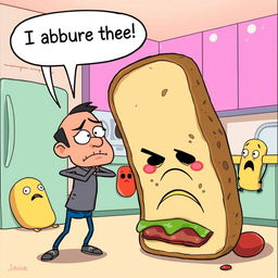 A funny cartoon scene depicting a character dramatically turning away from a giant sandwich, with a speech bubble saying 'I abjure thee!' The character looks overly serious while the sandwich is styled with exaggerated features, like googly eyes and a frown, as if it's pleading to be eaten