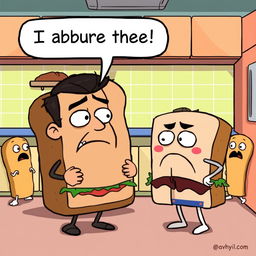 A funny cartoon scene depicting a character dramatically turning away from a giant sandwich, with a speech bubble saying 'I abjure thee!' The character looks overly serious while the sandwich is styled with exaggerated features, like googly eyes and a frown, as if it's pleading to be eaten