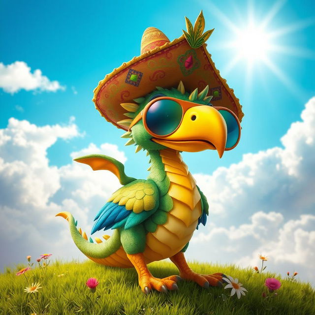 A whimsical and colorful creature, resembling a blend of a dragon and a bird, adorned with a large, stylish sombrero decorated with intricate patterns and vibrant colors