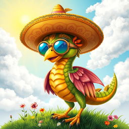 A whimsical and colorful creature, resembling a blend of a dragon and a bird, adorned with a large, stylish sombrero decorated with intricate patterns and vibrant colors