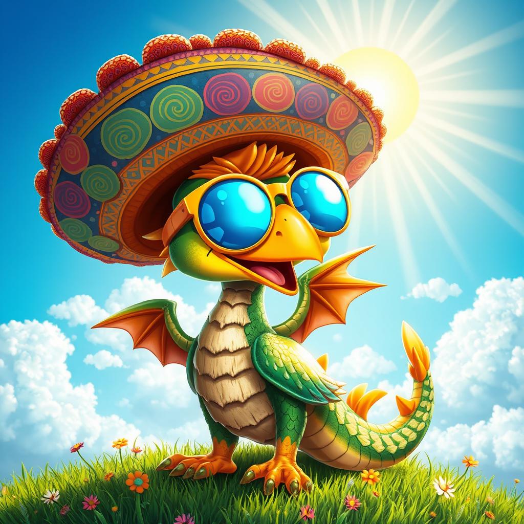 A whimsical and colorful creature, resembling a blend of a dragon and a bird, adorned with a large, stylish sombrero decorated with intricate patterns and vibrant colors