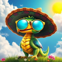 A whimsical and colorful creature, resembling a blend of a dragon and a bird, adorned with a large, stylish sombrero decorated with intricate patterns and vibrant colors