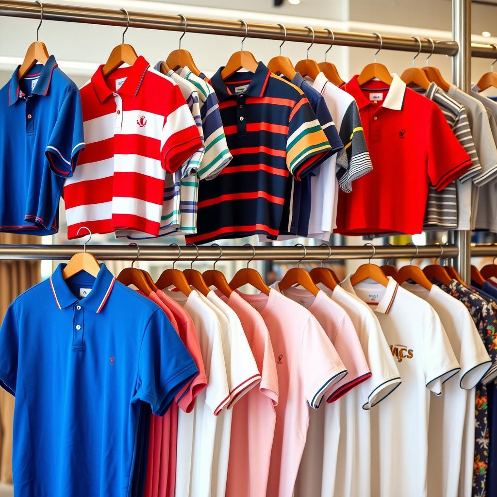 A stylish selection of various T-shirt polos displayed on a clothing rack