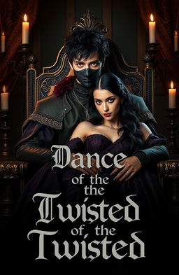 A dark, messy-haired medieval prince with striking golden eyes and a face mask, sitting confidently in an ornate throne-like chair