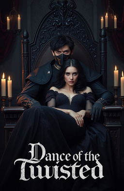 A dark, messy-haired medieval prince with striking golden eyes and a face mask, sitting confidently in an ornate throne-like chair