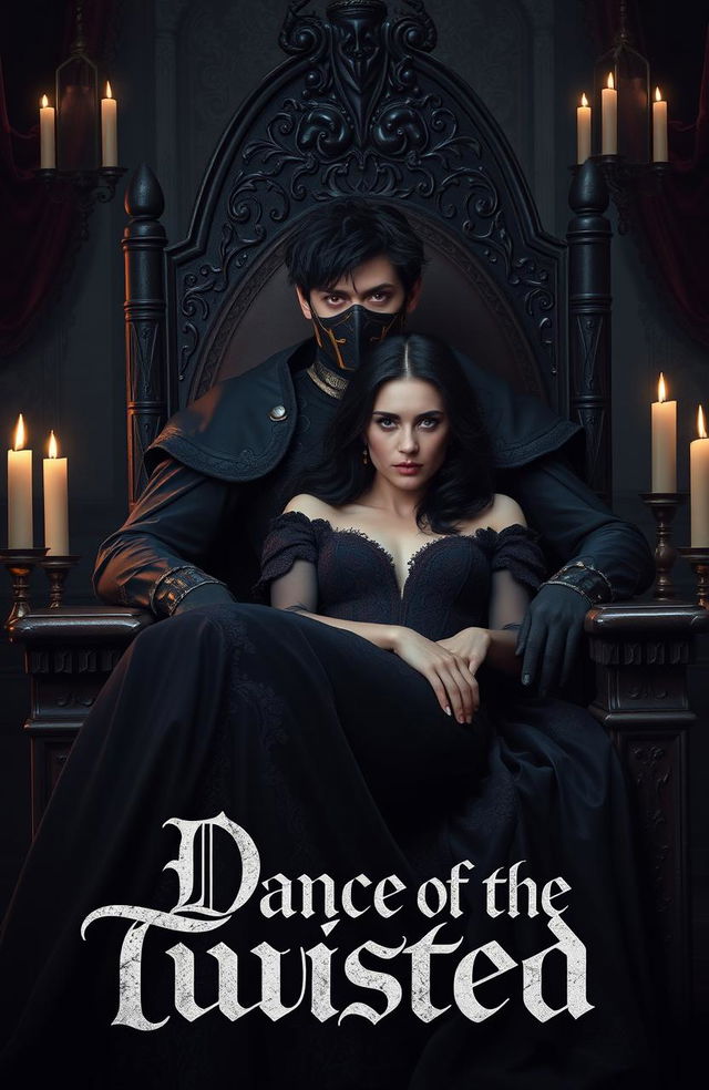 A dark, messy-haired medieval prince with striking golden eyes and a face mask, sitting confidently in an ornate throne-like chair