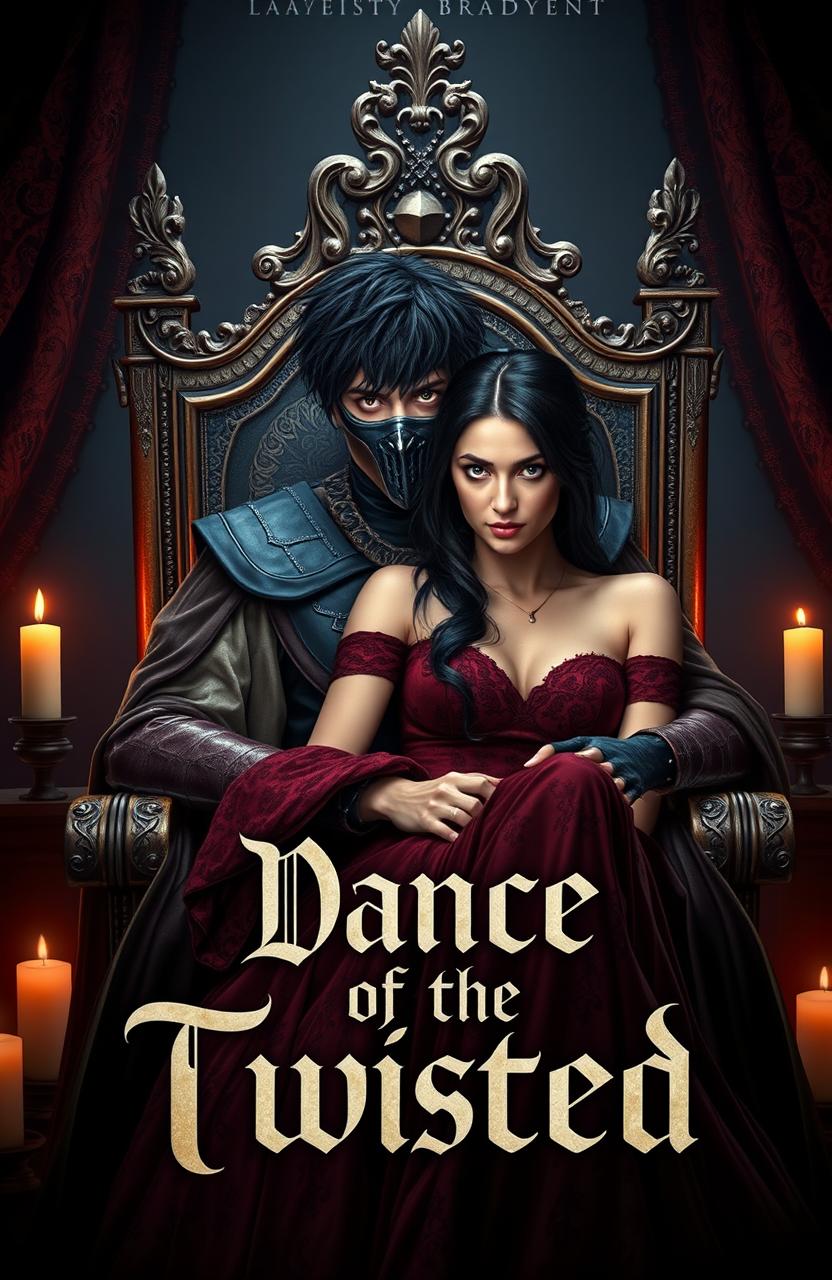 A dark, messy-haired medieval prince with striking golden eyes and a face mask, sitting confidently in an ornate throne-like chair