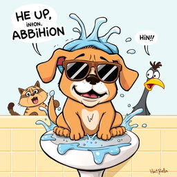 A humorous cartoon scene featuring a dog sitting on a bathroom sink with water splashing everywhere, playfully getting a bath while wearing oversized sunglasses and a shower cap