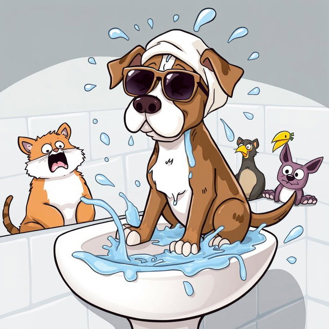 A humorous cartoon scene featuring a dog sitting on a bathroom sink with water splashing everywhere, playfully getting a bath while wearing oversized sunglasses and a shower cap