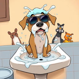 A humorous cartoon scene featuring a dog sitting on a bathroom sink with water splashing everywhere, playfully getting a bath while wearing oversized sunglasses and a shower cap