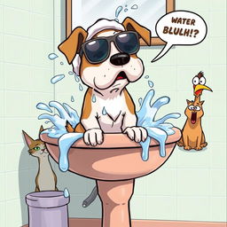 A humorous cartoon scene featuring a dog sitting on a bathroom sink with water splashing everywhere, playfully getting a bath while wearing oversized sunglasses and a shower cap