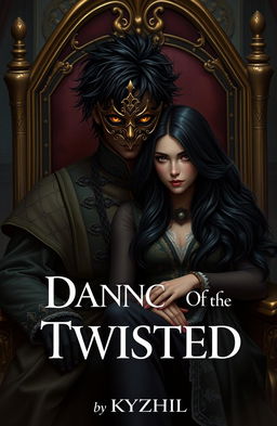 A dark, messy-haired medieval prince with striking golden eyes, wearing an ornate mask that covers the upper half of his face, sits regally in a richly designed chair