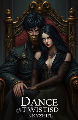 A dark, messy-haired medieval prince with striking golden eyes, wearing an ornate mask that covers the upper half of his face, sits regally in a richly designed chair