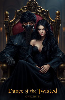 A dark, messy-haired medieval prince with striking golden eyes, wearing an ornate mask that covers the upper half of his face, sits regally in a richly designed chair