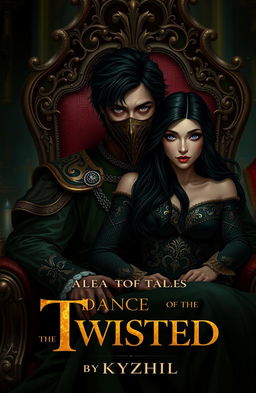 A dark, messy-haired medieval prince with striking golden eyes, wearing an ornate mask that covers the upper half of his face, sits regally in a richly designed chair