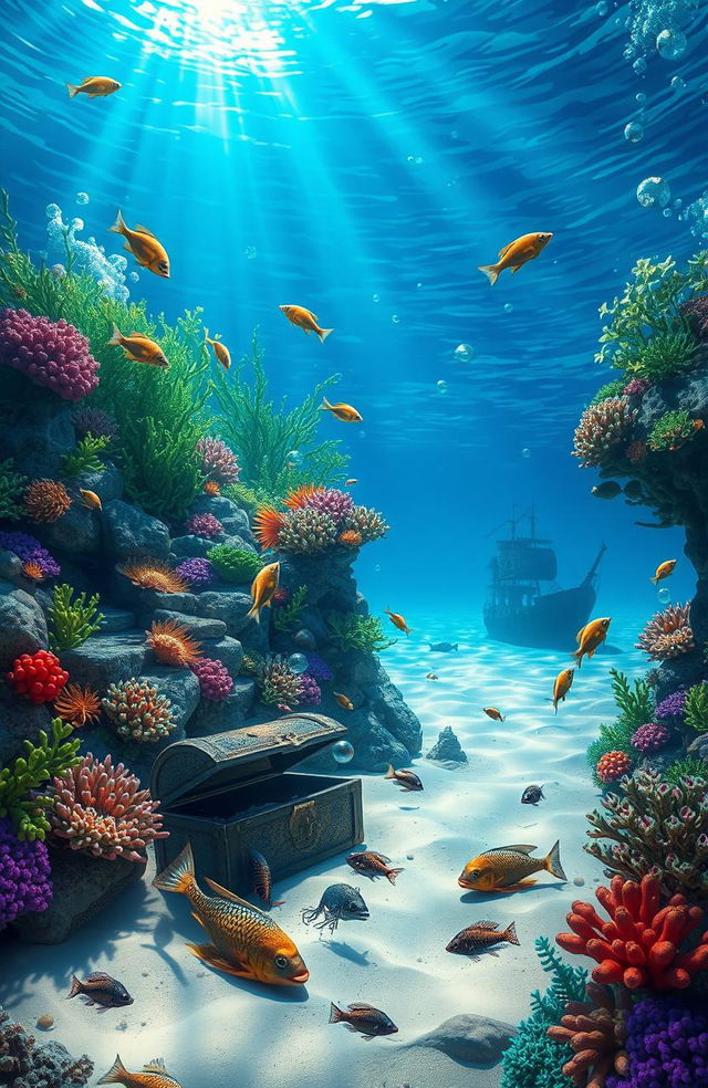 A surreal underwater fantasy world, depicting vibrant coral reefs with colorful marine life swimming around