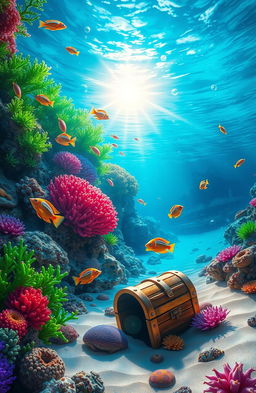 A surreal underwater fantasy world, depicting vibrant coral reefs with colorful marine life swimming around