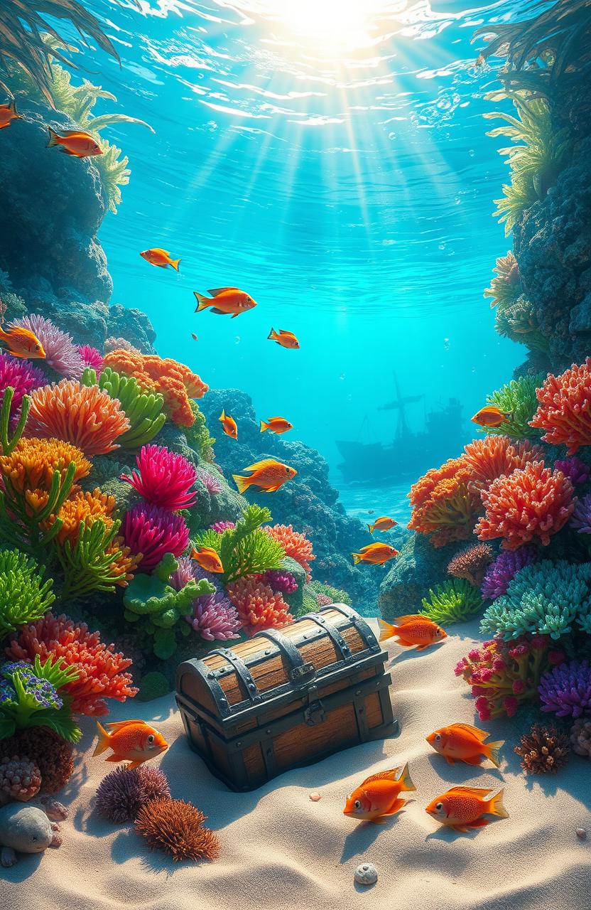 A surreal underwater fantasy world, depicting vibrant coral reefs with colorful marine life swimming around