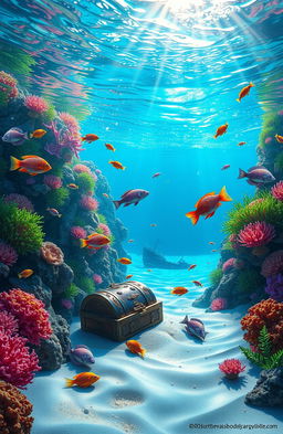 A surreal underwater fantasy world, depicting vibrant coral reefs with colorful marine life swimming around